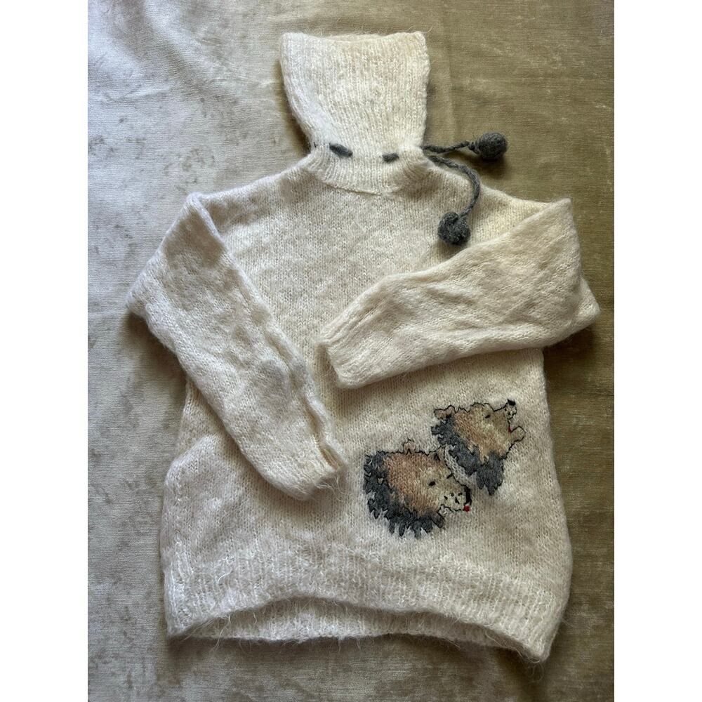 Vintage french Mohair Fuzzy Hand Knit Sweater off white bear rare unique strange - Picture 4 of 13